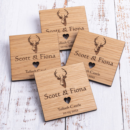 Scottish Stag - Personalised Wooden Wedding Coasters