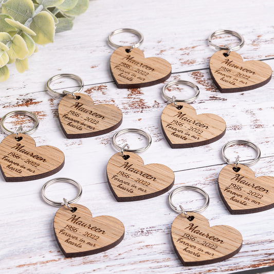 Funeral Heart Keyrings - Personalised Wooden Funeral Keepsake Favours