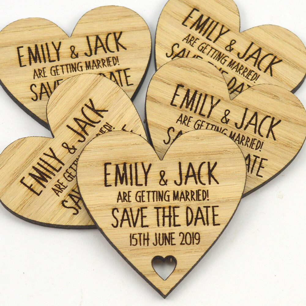 Wooden Wedding Save The Date Hearts - Rustic Oak Engraved Invitations