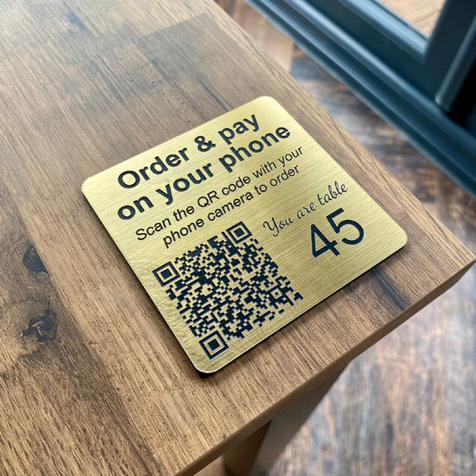 Metallic Table Numbers With QR Codes – Restaurant Cafe Table Signs – Self Adhesive or Screw Holes