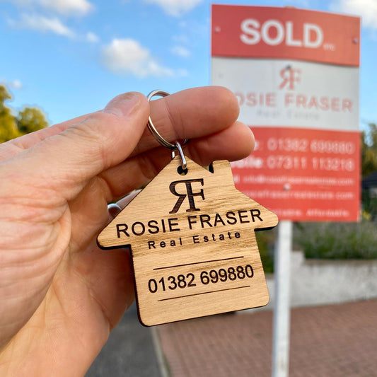 Real Estate Keyrings - Realtor Agent Promotional Marketing Wooden Keyrings / Magnets / Business Cards With Engraved Logo and Text