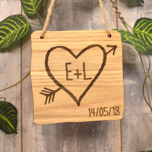 Carved Initials Love Plaque - Valentines Day Gift - Day We First Met - Day We Got Married