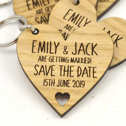 Heart Shaped Keyrings - Wedding Save The Date Personalised Wooden Keyring