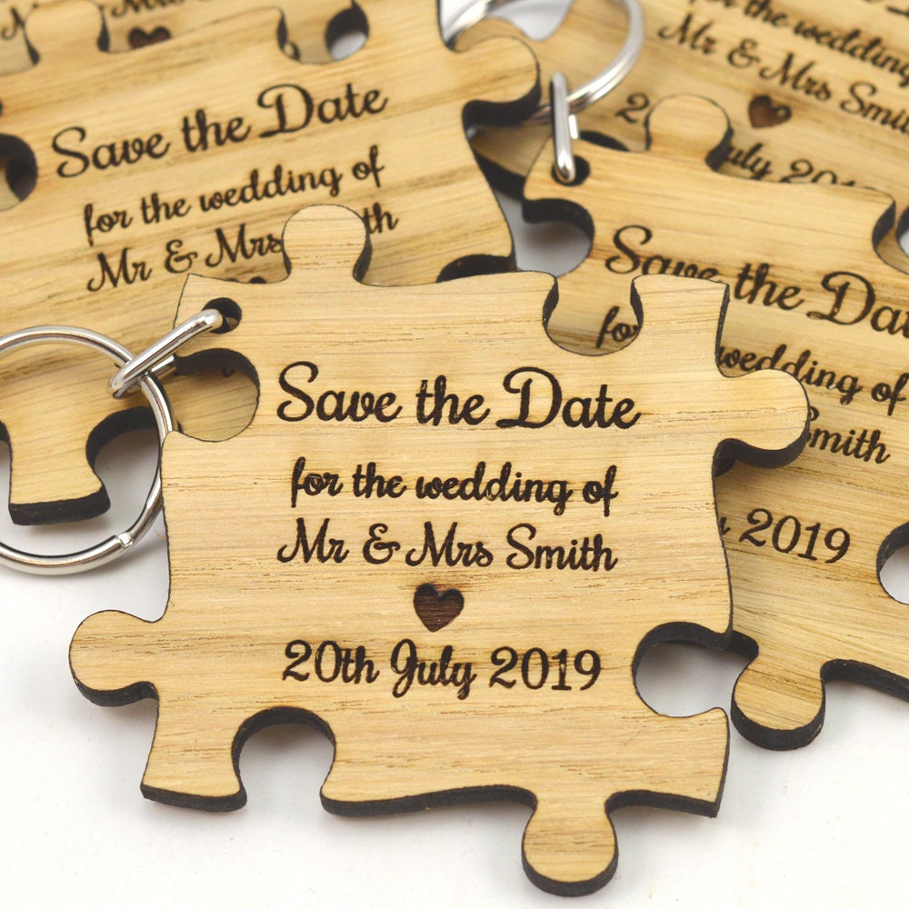 Jigsaw Keyrings - Wedding Save The Date Personalised Wooden Jigsaw Puzzle Keyring