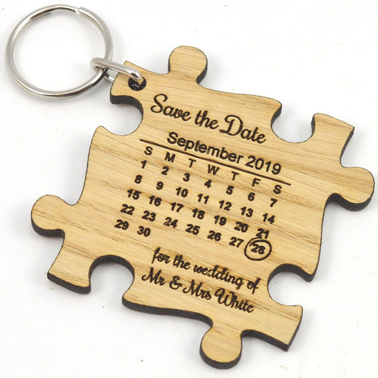 Jigsaw Calendar Keyrings - Wedding Save The Date Wooden Jigsaw Puzzle Piece Keyrings