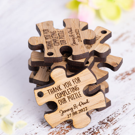Jigsaw Wedding Favour Tags - Personalised Wooden Puzzle Piece Gift Tags