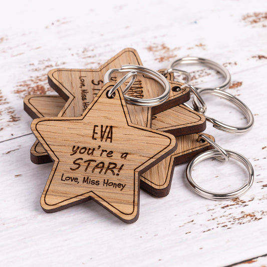 Christmas Teacher Pupil Gift - Personalised Wooden Star Keyrings