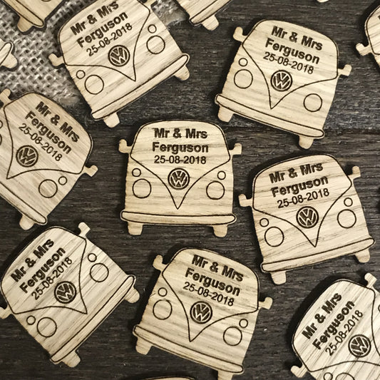 Personalized VW Camper Van Vintage Wooden Wedding Table Confetti - Personalised Oak Wood Rustic