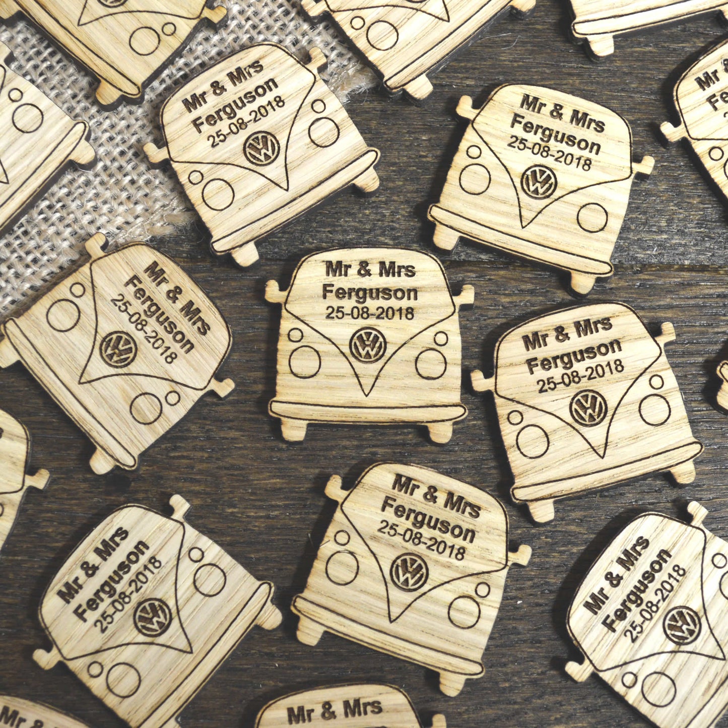 Personalized VW Camper Van Vintage Wooden Wedding Table Confetti - Personalised Oak Wood Rustic