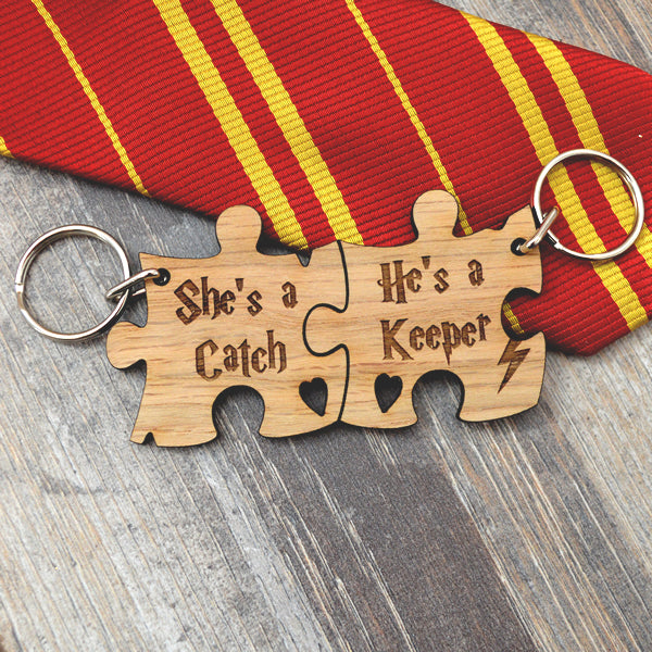 Harry Potter Jigsaw Keyring Set, Shes a Catch Hes a Keeper Engraved Valentine Gift
