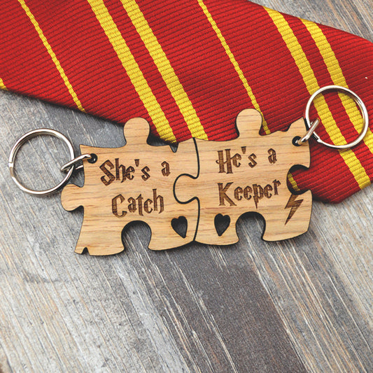 Harry Potter Jigsaw Keyring Set, Shes a Catch Hes a Keeper Engraved Valentine Gift