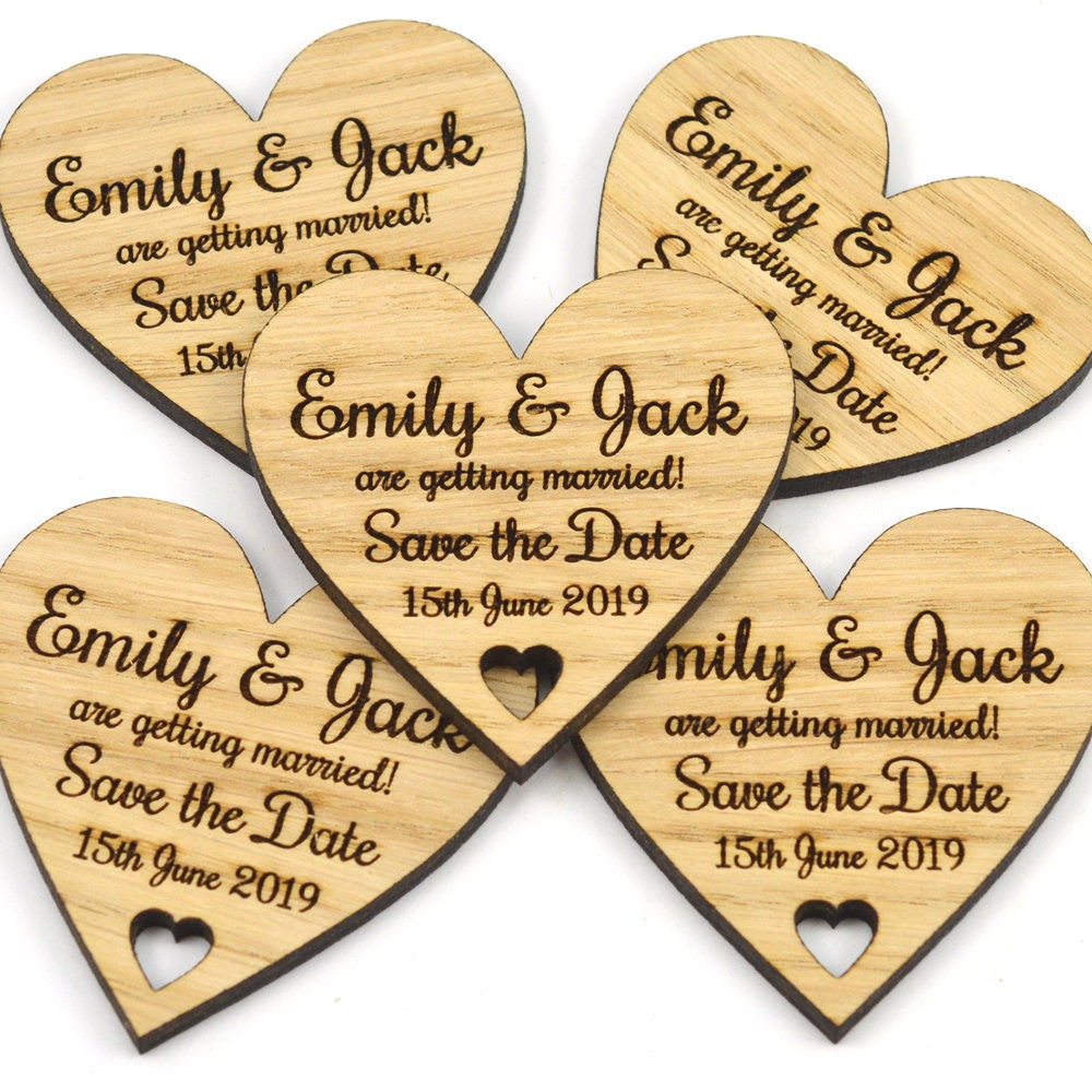 Wooden Wedding Save The Date Hearts - Rustic Oak Engraved Invitations