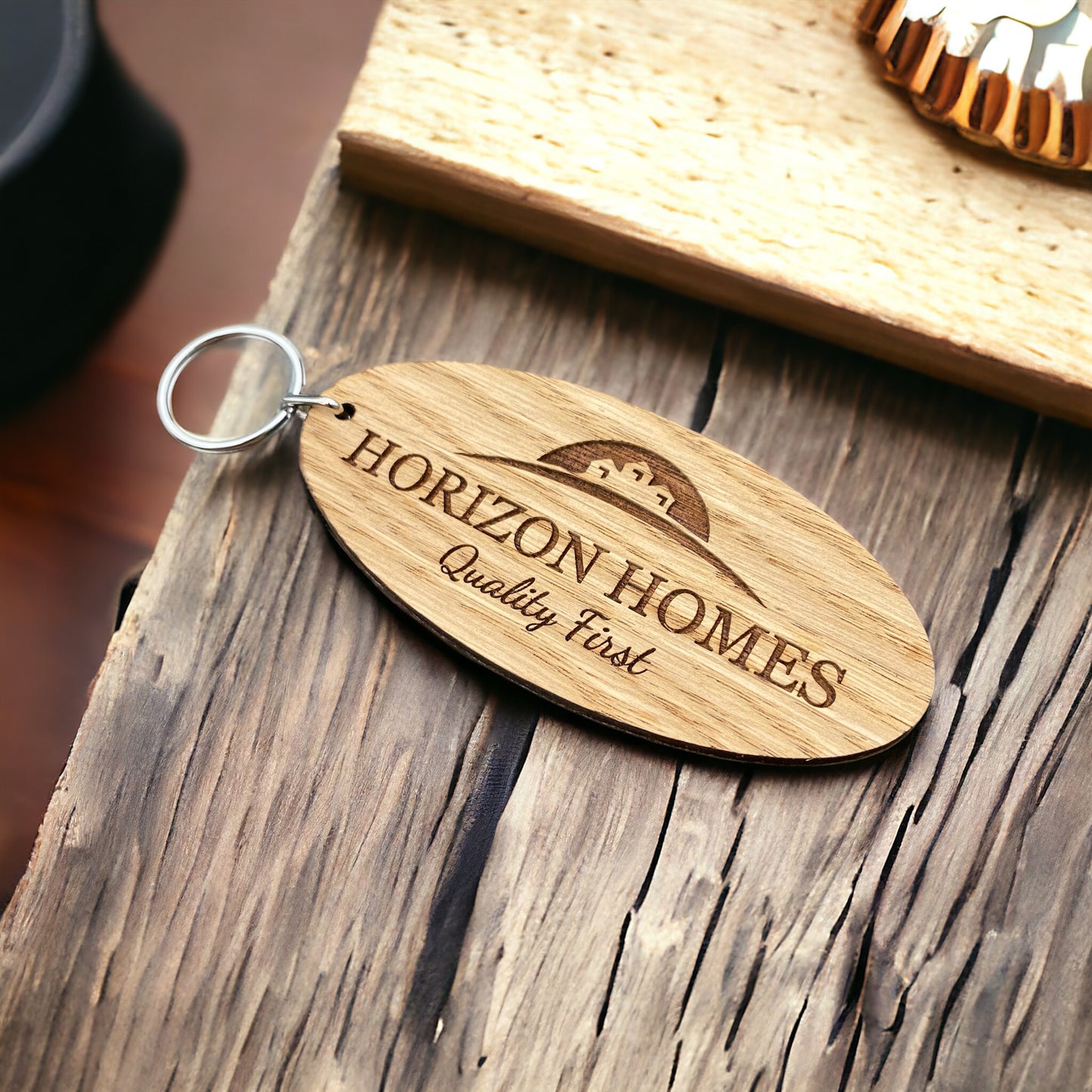 Realtor Real Estate Agent Promotional Marketing Wooden Keyrings / Magnets / Business Cards With Engraved Logo and Text