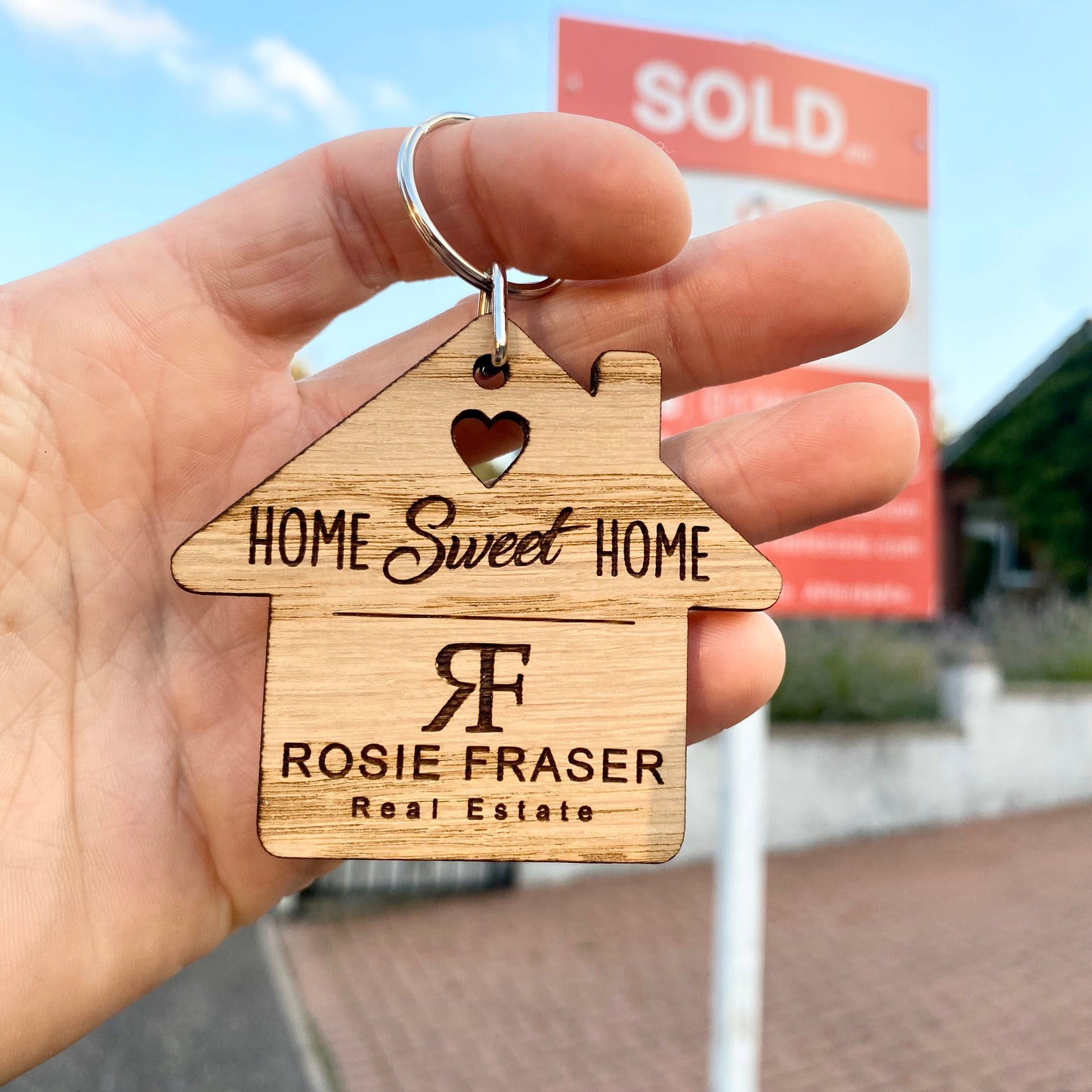 Realtor Real Estate Agent Promotional Marketing Wooden Keyrings / Magnets / Business Cards With Engraved Logo and Text