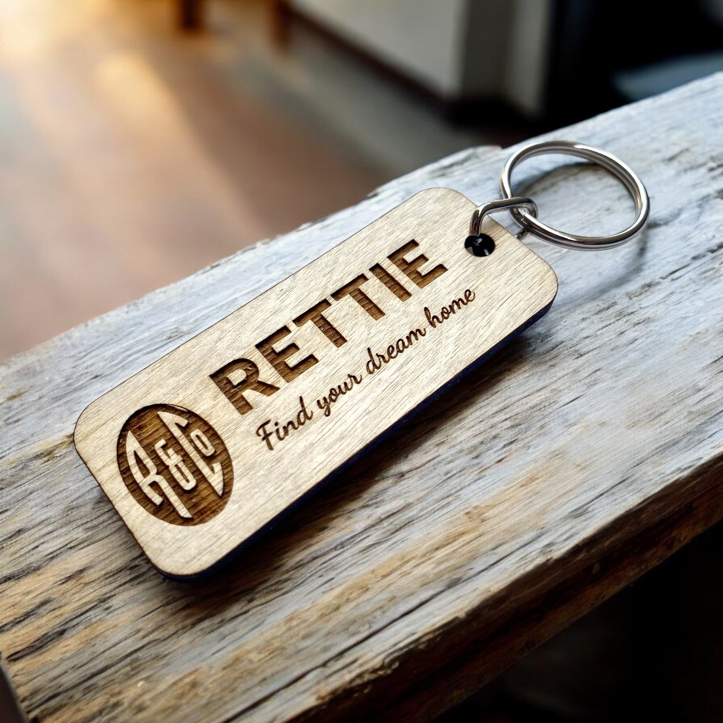 Realtor Real Estate Agent Promotional Marketing Wooden Keyrings / Magnets / Business Cards With Engraved Logo and Text