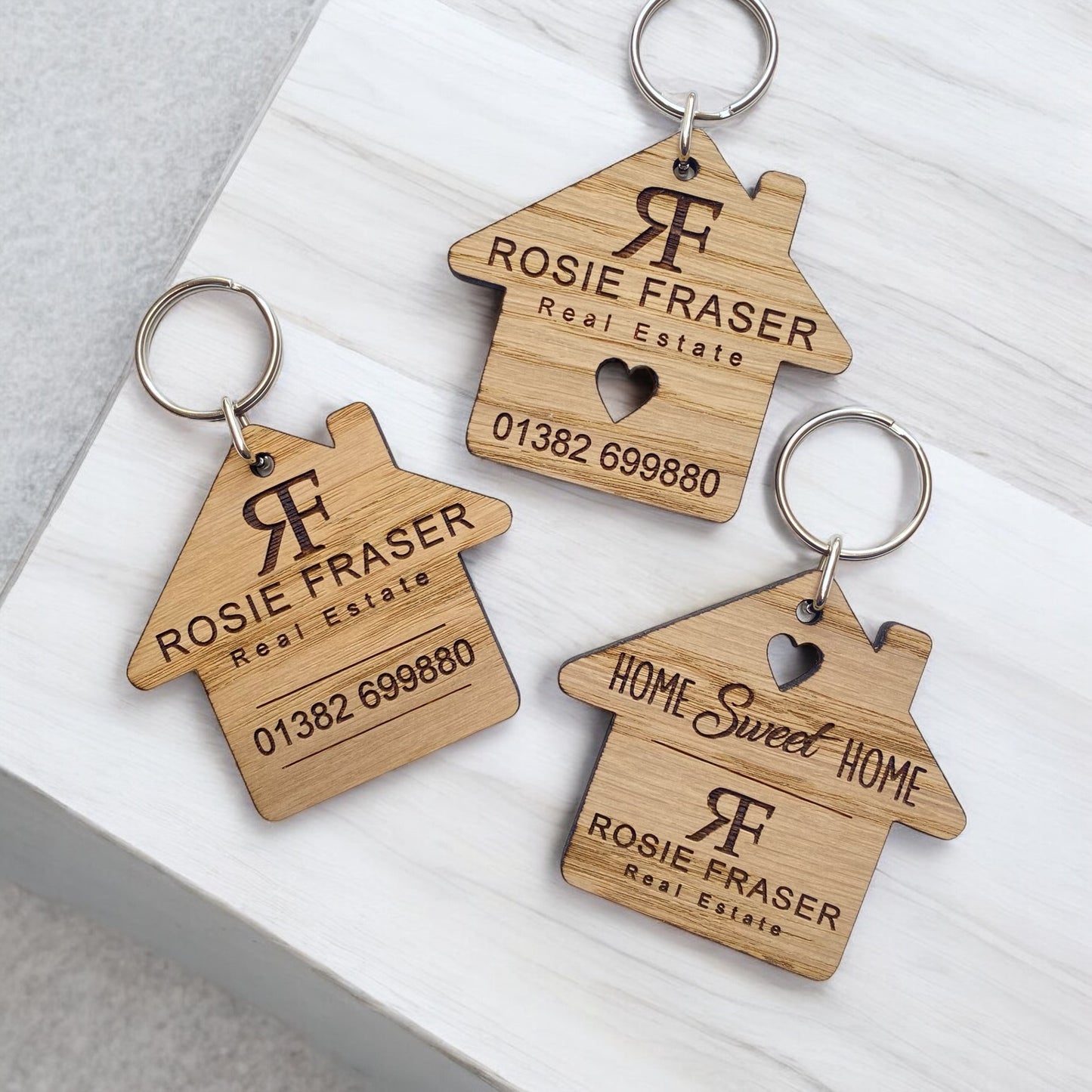 Realtor Real Estate Agent Promotional Marketing Wooden Keyrings / Magnets / Business Cards With Engraved Logo and Text