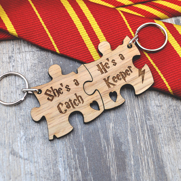 Harry Potter Jigsaw Keyring Set, Shes a Catch Hes a Keeper Engraved Valentine Gift