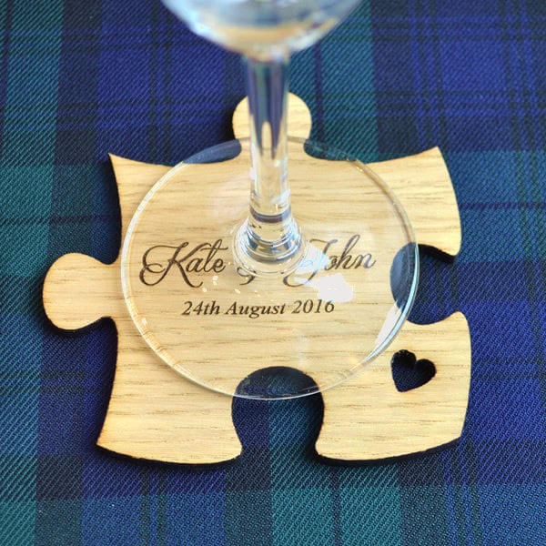 Personalised Jigsaw Puzzle Piece Wedding Table Coasters Unique Wooden Favours