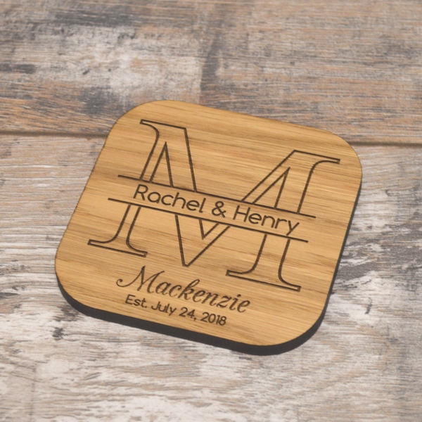 Personalised Mr & Mrs Initials Wedding Coasters Rustic Wooden Favor Placecards