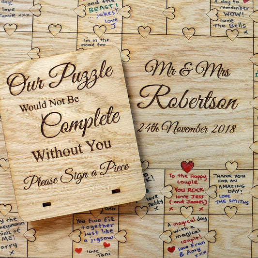 Rustic Wooden Personalized Wedding Jigsaw Puzzle Guestbook - Personalised Heart Shaped Knobs Chic Shabby Oak