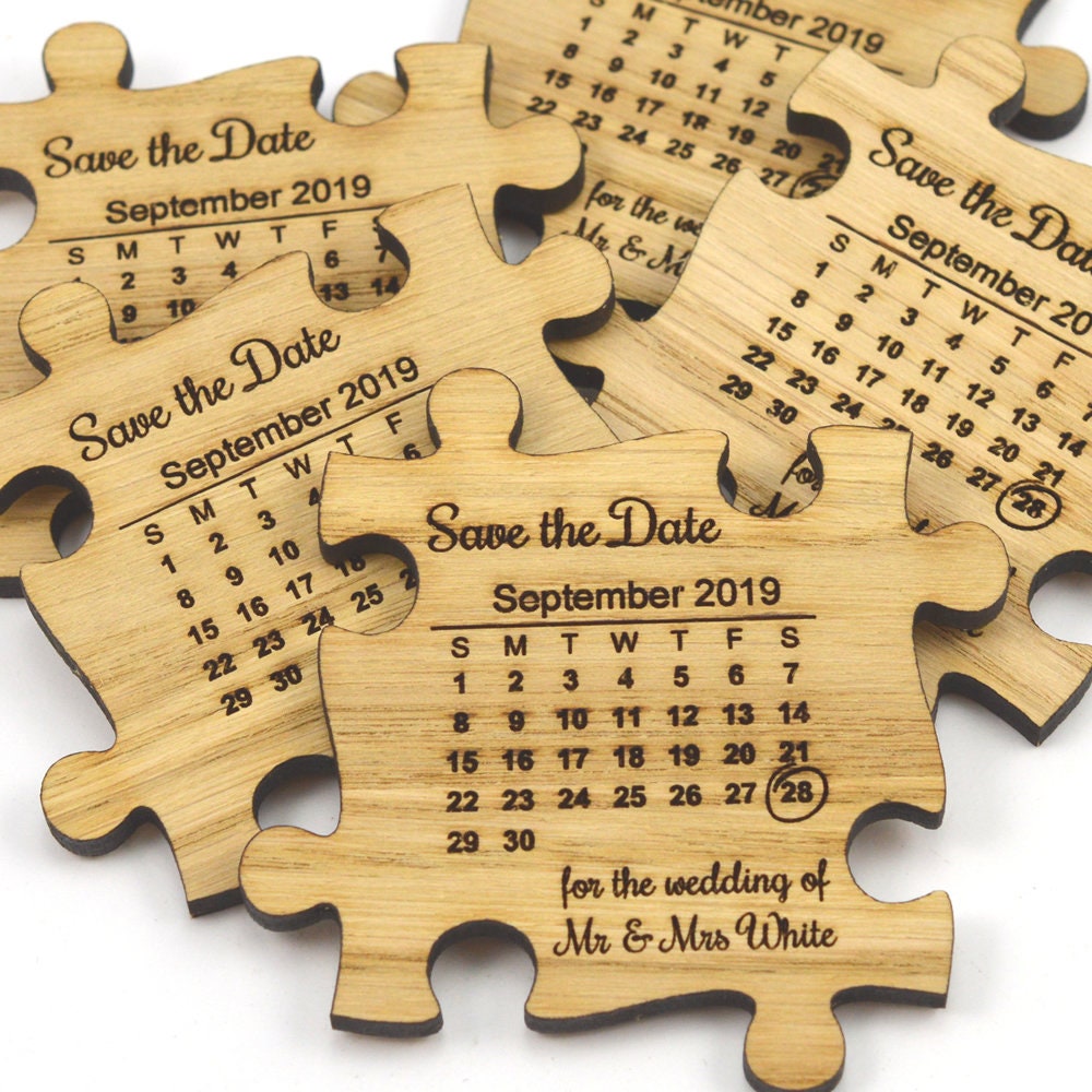 Wedding Save The Date Magnets - Wooden Jigsaw Puzzle Piece With Calendar