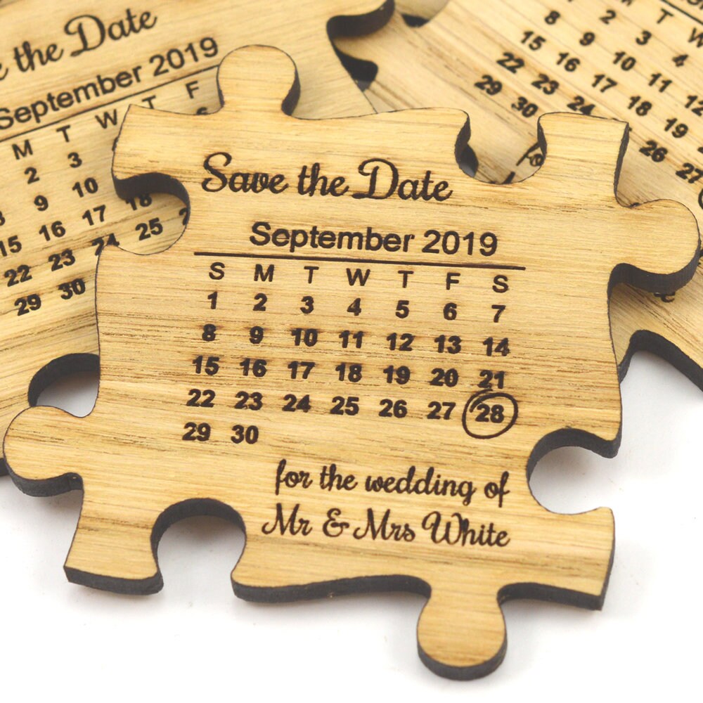 Wedding Save The Date Magnets - Wooden Jigsaw Puzzle Piece With Calendar