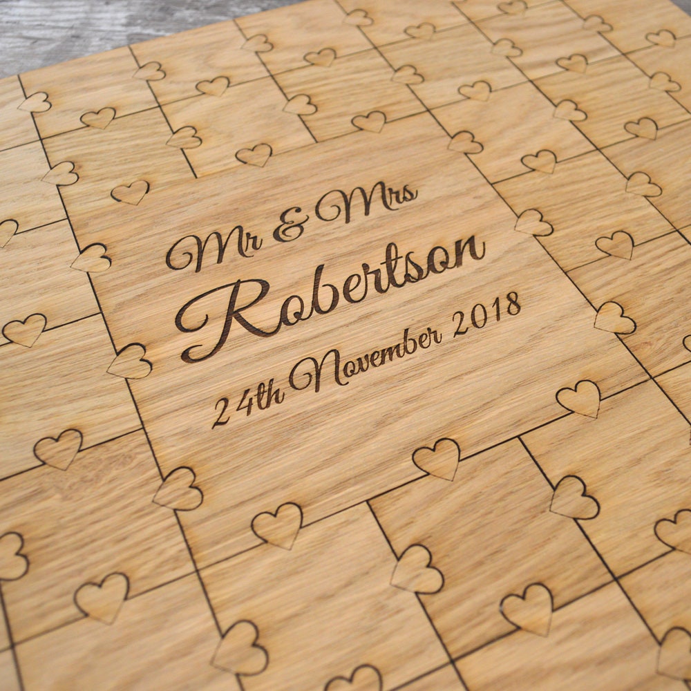 Rustic Wooden Personalized Wedding Jigsaw Puzzle Guestbook - Personalised Heart Shaped Knobs Chic Shabby Oak