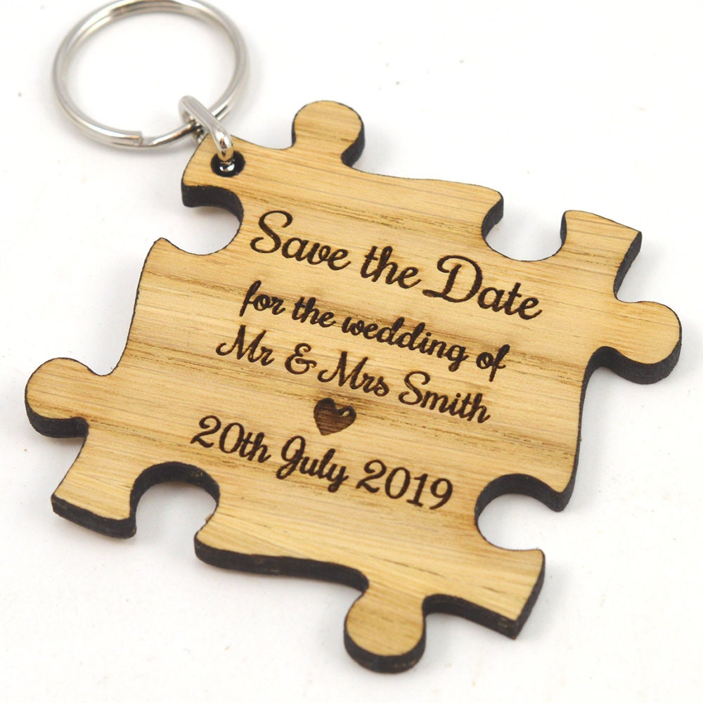 Wedding Save The Date Keyrings - Personalised Wooden Jigsaw Puzzle Shape