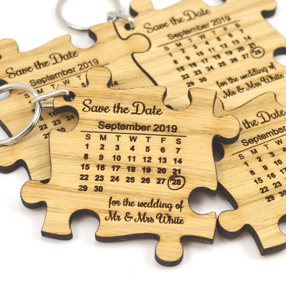 Wedding Save The Date Keyrings - Wooden Jigsaw Puzzle Piece With Calendar Design