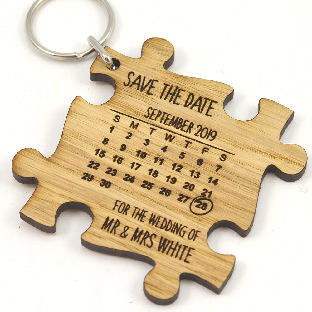 Wedding Save The Date Keyrings - Wooden Jigsaw Puzzle Piece With Calendar Design