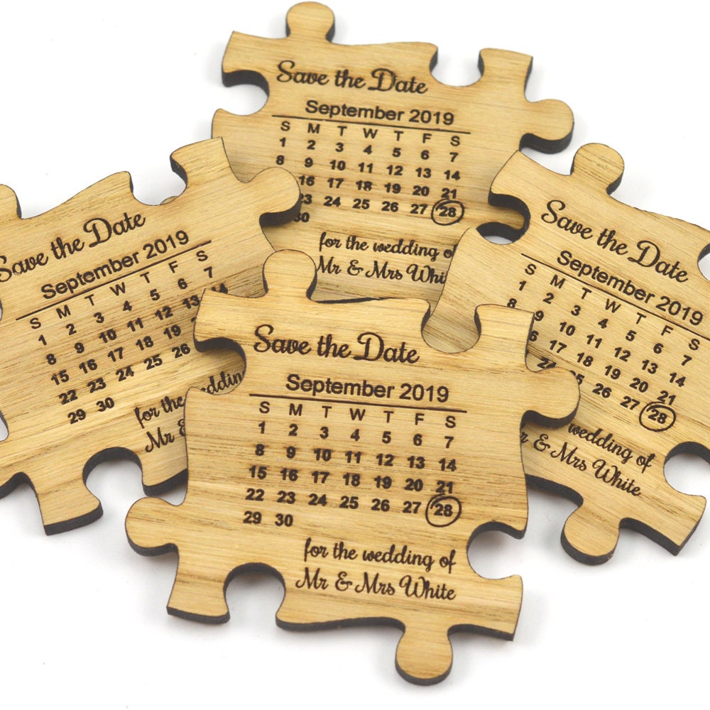 Wedding Save The Date Magnets - Wooden Jigsaw Puzzle Piece With Calendar