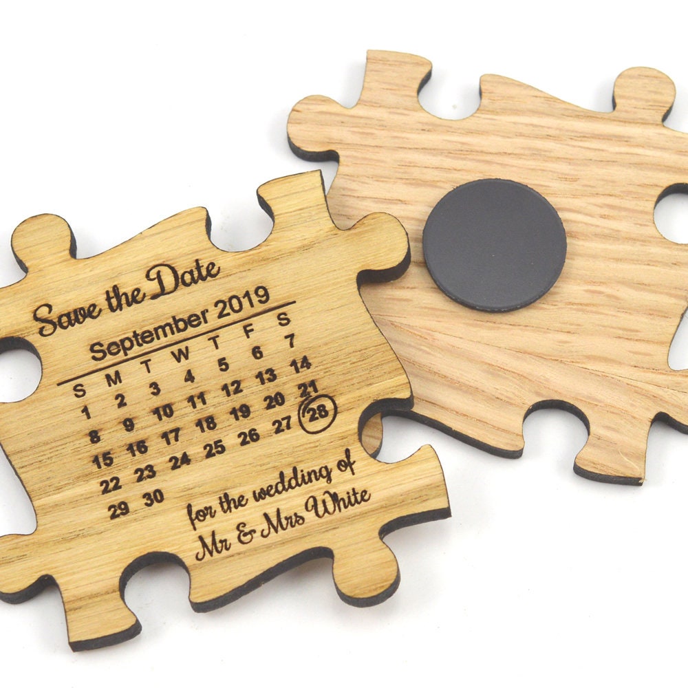 Wedding Save The Date Magnets - Wooden Jigsaw Puzzle Piece With Calendar