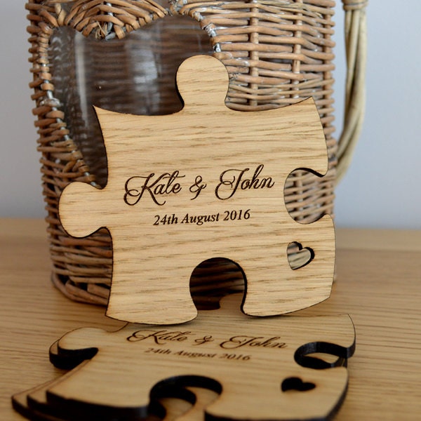 Personalised Jigsaw Puzzle Piece Wedding Table Coasters Unique Wooden Favours