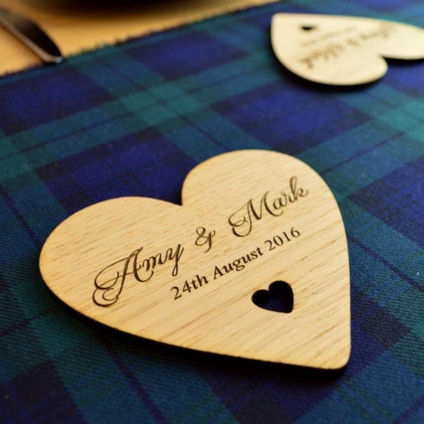 Personalised Heart Shaped Wedding Table Coasters Unique Wooden Favour Placecards