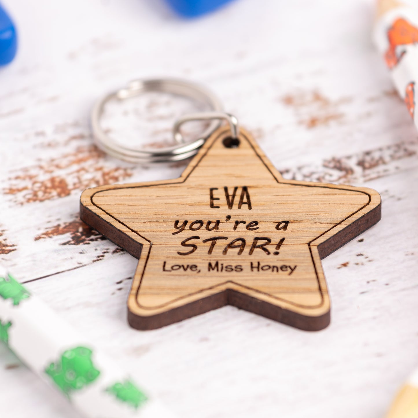 Christmas Teacher Pupil Gift - Personalised Wooden Star Keyrings