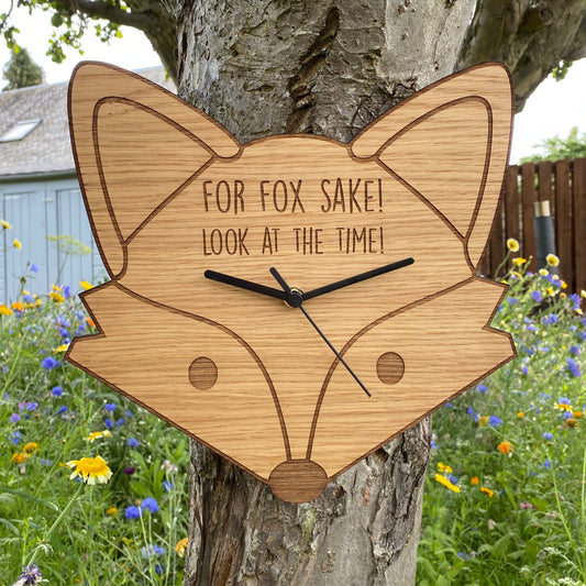 Wooden Fox Clock - Personalised Engraving - Made From Oak - Personalized Fox Lovers Gift Present For Fox Sake